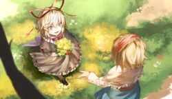  2girls alice_margatroid black_dress black_footwear blonde_hair blue_eyes blue_skirt bouquet capelet commentary_request dress flower from_above grass hair_ribbon hairband highres holding holding_bouquet kinketsu long_sleeves looking_at_another medicine_melancholy multiple_girls open_mouth outdoors puffy_short_sleeves puffy_sleeves red_flower red_ribbon ribbon sash shoes short_hair short_sleeves skirt touhou yellow_flower 