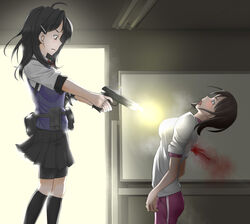  2girls belt belt_pouch bike_shorts black_hair black_legwear black_skirt blood blood_splatter casing_ejection cocking_gun collared_shirt commentary_request death erikku_(kata235) ero_guro firing from_side gun guro gym_uniform handgun highres holding holding_gun holding_weapon indoors injury kneehighs m1911 multiple_girls murder muzzle_flash original peril pleated_skirt pouch school school_uniform serafuku shell_casing shirt shorts shorts_under_skirt skirt smoke socks standing weapon whiteboard 