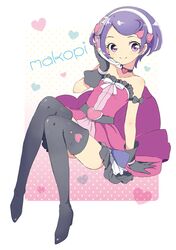  black_gloves black_thighhighs boots butadon choker commentary_request dokidoki!_precure dress female gloves hair_ornament headset heart idol kenzaki_makoto precure purple_eyes purple_hair sitting smile solo thigh_boots thighhighs 