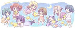  6+girls blonde_hair blue_eyes blue_hair blush braid brown_eyes brown_hair chibi commentary_request crescent_moon double_bun glasses green_eyes green_hair hair_bun hair_ornament hair_ribbon hidamari_sketch hiro_(hidamari_sketch) long_hair looking_at_viewer matsuri_(hidamari_sketch) miyako_(hidamari_sketch) moon multiple_girls natsume_(hidamari_sketch) nazuna_(hidamari_sketch) night nori_(hidamari_sketch) open_mouth pajamas pink_hair purple_hair quro_(black_river) red_hair ribbon sae_(hidamari_sketch) short_hair smile star_(symbol) twintails x_hair_ornament yuno_(hidamari_sketch) 