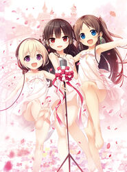  3girls :d absurdres ass_visible_through_thighs bad_source bare_arms bare_legs bare_shoulders barefoot black_bow black_hair blue_eyes blunt_bangs blush bow brown_hair cable cleavage_cutout clothing_cutout collarbone convenient_leg crossover cura dress fantia_reward feet flat_chest girl_sandwich gothic_delusion hachiroku_(maitetsu) hair_between_eyes hairbow hand_on_own_chest hand_up hands_up headphones headphones_around_neck highres leg_up legs lo_(gothic_delusion) long_hair looking_at_viewer maitetsu microphone microphone_stand monobeno multiple_crossover multiple_girls oerba_yun_fang open_mouth outstretched_arms paid_reward photoshop_(medium) pink_bow red_eyes red_ribbon ribbon sandwiched sawai_natsuha short_hair simple_background smile soles spread_arms standing standing_on_one_leg strapless strapless_dress toes two_side_up white_background white_bow white_dress 