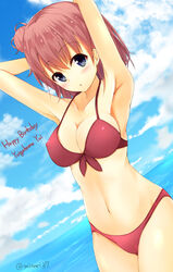  arms_behind_head arms_up bad_id bad_pixiv_id bikini blue_eyes blue_sky blush breasts brown_hair cleavage cloud cloudy_sky collarbone day female hair_bun happy_birthday minari_(minari37) navel ocean pink_hair short_hair single_hair_bun sky solo stomach swimsuit twitter_username yahari_ore_no_seishun_lovecome_wa_machigatteiru. yuigahama_yui 