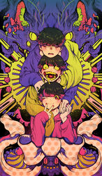  3boys ;3 bakeneko baseball baseball_bat black_hair bow brothers colored_sclera commentary_request cupcake drooling extra_eyes food heart heart_in_mouth highres hood hoodie limited_palette male_focus maro_bideru matsuno_ichimatsu matsuno_jyushimatsu matsuno_todomatsu messy_hair multiple_boys nail_polish one_eye_closed osomatsu-kun osomatsu-san osomatsu_(series) photoshop_(medium) pink_nails purple_sclera sharp_teeth siblings sleeves_past_wrists stacking teeth wall-eyed yellow_sclera 