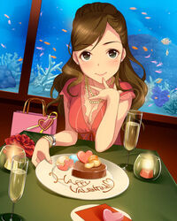  aquarium artist_request bag bracelet breasts brown_hair cake candle candy chocolate chocolate_cake cleavage cup dessert dress drinking_glass etou_misaki_(idolmaster) female fish fish_tank food gift glass green_eyes happy_valentine heart heart-shaped_cake heart-shaped_chocolate heart-shaped_food ice_cream idolmaster idolmaster_cinderella_girls jewelry jpeg_artifacts light_smile long_hair looking_at_viewer medium_breasts necklace official_art paper_bag pearl_necklace plate sitting solo table valentine watch wavy_hair wine_glass wristwatch 