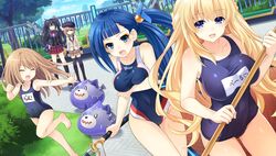  5girls :d barefoot beret black_hair black_socks black_thighhighs blanc_(neptunia) blazer blonde_hair blue_eyes blush bow bowtie breasts brown_hair bush clenched_hand closed_eyes collarbone competition_swimsuit covered_navel dogoo dutch_angle feet fence foot_out_of_frame game_cg gekijigen__blanc_+_neptune_vs_zombie_gundan hands_on_own_hips hat heart highres holding jacket kneehighs large_breasts long_hair long_sleeves mole mole_under_eye multiple_girls neptune_(series) noire_(neptunia) o_o official_art one-piece_swimsuit open_mouth outdoors outstretched_arm plaid plaid_skirt pleated_skirt ram_(neptunia) school_swimsuit school_uniform siblings side_ponytail sisters skirt smile socks standing standing_on_one_leg swimsuit tamsoft_(neptunia) thigh_gap thighhighs toes tree tsunako twintails vert_(neptunia) very_long_hair zettai_ryouiki 