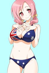  amatsuka_megumi_(gj-bu) australian_flag australian_flag_bikini australian_flag_print bikini blue_background breasts cleavage commentary_request female flag_print gj-bu hatakenaka_(kamagabuchi) head_tilt large_breasts looking_at_viewer low_twintails navel pink_eyes pink_hair print_bikini smile solo swimsuit twintails 