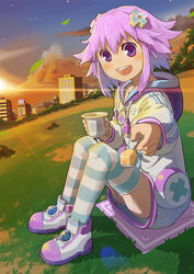  building choker city commentary_request d-pad d-pad_hair_ornament female food hair_ornament highres looking_at_viewer neptune_(neptunia) neptune_(series) photoshop_(medium) pudding purple_eyes purple_hair segamark short_hair sky solo striped_clothes striped_thighhighs sunset thighhighs 