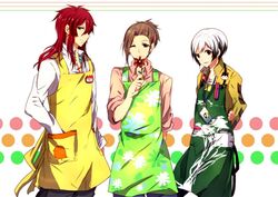  3boys apron brown_hair idolmaster idolmaster_side-m kitamura_sora looking_at_viewer male_focus multiple_boys nemurakko ponytail protected_link red_hair sanjo_goro trait_connection watanabe_minori white_hair 