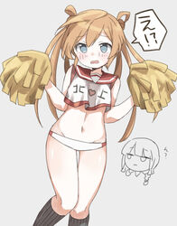  2girls abukuma_(kancolle) bad_id bad_pixiv_id blonde_hair blue_eyes cheerleader chibi chibi_inset crop_top crop_top_overhang kantai_collection kitakami_(kancolle) long_hair midriff multiple_girls murakami_meishi navel pom_pom_(cheerleading) translated twintails 