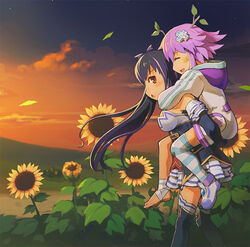  2girls bandages bandaid black_hair carrying commentary_request d-pad d-pad_hair_ornament flower hair_ornament hood hoodie leaf leaf_on_head multiple_girls neptune_(neptunia) neptune_(series) noire_(neptunia) photoshop_(medium) piggyback purple_hair red_eyes segamark shoes single_shoe striped_clothes striped_thighhighs sunflower sunset thighhighs twintails yuri 