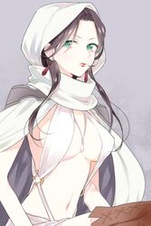  arslan_senki black_hair breasts chigu_(pixiv) cleavage cloak commentary_request earrings expressionless falangies female green_eyes grey_background hood hooded_cloak jewelry lipstick long_hair makeup medium_breasts necklace parted_bangs red_lips solo 