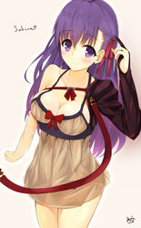  bad_id bad_pixiv_id breasts dress fate/stay_night fate_(series) female hair_ribbon large_breasts long_hair matou_sakura minari_(minari37) purple_eyes purple_hair ribbon solo 