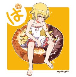  bad_id bad_pixiv_id bare_shoulders barefoot blonde_hair blush doughnut dress female food long_hair monogatari_(series) oshino_shinobu solo yadokugaeru yellow_eyes 