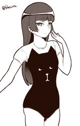  blaccura commentary_request female gokou_ruri greyscale leotard long_hair looking_at_viewer mole mole_under_eye monochrome ore_no_imouto_ga_konna_ni_kawaii_wake_ga_nai simple_background solo swimsuit thighs twitter_username white_background 