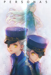  3girls black_necktie boyaking braid caroline_(persona_5) commentary_request copyright_name double_bun eyepatch grey_hair hair_bun hat justine_(persona_5) lavenza_(persona_5) long_hair looking_at_viewer multiple_girls necktie persona persona_5 photoshop_(medium) siblings single_hair_bun sisters smile twins yellow_eyes 