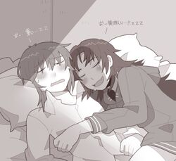  2girls bad_id bad_pixiv_id bed hair_down hood hoodie ilhi long_hair mahou_shoujo_madoka_magica mahou_shoujo_madoka_magica_(anime) miki_sayaka monochrome multiple_girls pajamas pillow sakura_kyoko saliva short_hair sleeping yuri 