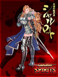  armor belt_boots black_gloves black_thighhighs blonde_hair blue_eyes boots breastplate brown_footwear charlotte_christine_de_colde clean_x commentary_request cross-laced_footwear curly_hair elbow_gloves female flower gloves high_heel_boots high_heels lace-up_boots long_hair pauldrons rapier rose samurai_spirits shoulder_armor solo sword thigh_boots thighhighs weapon zettai_ryouiki 