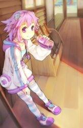  bottle commentary_request d-pad d-pad_hair_ornament drinking female hair_ornament hood hoodie leaning looking_at_viewer neptune_(neptunia) neptune_(series) purple_eyes purple_hair segamark solo striped_clothes striped_thighhighs thighhighs 