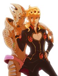  2boys arm_around_neck backlighting blonde_hair blue_eyes commentary_request dated giorno_giovanna gold_experience gold_experience_requiem hand_on_own_hip highres jojo_no_kimyou_na_bouken lahteh multiple_boys signature stand_(jojo) vento_aureo 