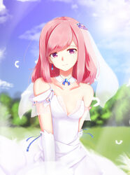  absurdres azur_lane bare_shoulders blue_sky blurry blurry_background breasts bridal_gauntlets bridal_veil choker cleavage closed_mouth cloud collarbone commentary_request day dd_(897671246) dress earrings feathers female gloves head_tilt highres jewelry juno_(azur_lane) long_hair medium_breasts no_bra outdoors pink_hair sky smile solo veil wedding_dress white_dress white_gloves wind wind_lift 