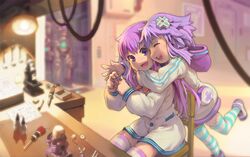  2girls commentary_request d-pad d-pad_hair_ornament glue hair_ornament hug long_hair microscope model_building model_kit multiple_girls nepgear neptune_(neptunia) neptune_(series) purple_eyes purple_hair screwdriver segamark soldering_iron table wrench 