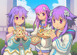  3girls choker cloud commentary_request d-pad d-pad_hair_ornament day food hair_ornament holding holding_food holding_pizza hood hoodie multiple_girls nepgear neptune_(neptunia) neptune_(series) photoshop_(medium) pink_hair pizza purple_eyes purple_hair pururut segamark sky 