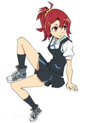  arai_hiroki arm_support bad_id bad_twitter_id commentary_request female hair_ornament hairclip highres kiznaiver ponytail red_eyes red_hair school_uniform scrunchie sitting solo takashiro_chidori white_background yellow_scrunchie 