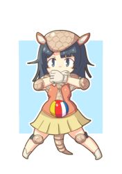  armadillo_ears armadillo_tail bad_id bad_pixiv_id balloon black_eyes black_hair blush_stickers commentary_request elbow_pads female giant_armadillo_(kemono_friends) kemono_friends knee_pads necktie pozesuke solo 