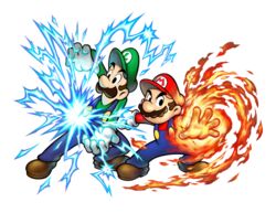  2boys black_eyes blue_overalls brothers brown_footwear brown_hair electricity facial_hair fire full_body gloves green_headwear green_shirt hat long_sleeves looking_at_viewer luigi male_focus mario mario_&amp;_luigi:_superstar_saga mario_&amp;_luigi_rpg mario_(series) masanori_sato moustache multiple_boys official_art overalls pyrokinesis red_headwear red_shirt shirt shoes short_hair siblings standing transparent_background white_gloves 