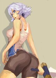  ass bare_shoulders bike_shorts commentary_request farrah_(granblue_fantasy) female granblue_fantasy grey_hair highres solo sword tank_top uruzu weapon 