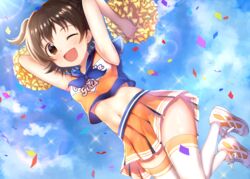  ;d akagi_miria armpits arms_up bad_id bad_pixiv_id bare_arms bare_shoulders blue_ribbon blue_sailor_collar blue_sky blush brown_eyes brown_hair cheerleader clothes_writing cloud cloudy_sky commentary_request confetti cotrpopor crop_top crop_top_overhang day dutch_angle female holding holding_pom_poms idolmaster idolmaster_cinderella_girls legs_up lens_flare looking_at_viewer midair midriff miniskirt navel neck_ribbon one_eye_closed open_mouth orange_shirt orange_skirt outdoors pleated_skirt pom_pom_(cheerleading) ribbon sailor_collar shirt shoes short_hair skirt sky sleeveless sleeveless_shirt smile sneakers solo sparkle sunlight tareme thighhighs two_side_up white_footwear white_thighhighs zettai_ryouiki 