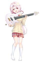  :d absurdres aristides_guitars bad_id bad_pixiv_id blush brown_coat brown_eyes coat female full_body guitar guitaro_(yabasaki_taro) hair_ornament hairclip highres instrument kneehighs long_hair looking_at_viewer nijisanji no_shoes open_mouth plaid plaid_skirt pleated_skirt red_skirt shiina_yuika shiina_yuika_(1st_costume) short_hair skirt smile socks solo standing very_long_hair virtual_youtuber white_background white_hair white_socks 