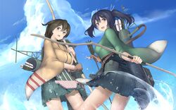  2girls arrow_(projectile) black_hair blue_hair blue_sky blush bow_(weapon) breasts brown_eyes brown_hair commentary_request day ginko_(nico) hiryuu_(kancolle) japanese_clothes kantai_collection large_breasts multiple_girls open_mouth ribbon short_hair skirt sky smile souryuu_(kancolle) twintails water weapon wide_sleeves 