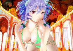  all_fours arcade_(architecture) bat_wings bikini blue_hair braid breasts cleavage collarbone commentary_request downblouse female flandre_scarlet fresco grabbing green_bikini hair_ribbon highres izayoi_sakuya looking_at_viewer maid_headdress medium_breasts miru1979 pink_eyes remilia_scarlet ribbon short_hair side-tie_bikini_bottom solo statue swimsuit touhou twin_braids wings 