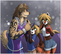  2013 5_fingers ailurid anthro arm_tattoo bangs basketball_uniform beverage blonde_hair blue_clothing blue_shirt blue_t-shirt blue_topwear bottomwear bracelet breasts brother_(lore) brother_and_sister_(lore) brown_body brown_fur brown_hair brown_tail canid canine canis chains clothed clothing conditional_dnp container coy crossed_bangs cup digital_media_(artwork) disposable_cup drinking drinking_straw ear_piercing eye_contact facial_markings facial_tattoo fangs female fingers fluffy fluffy_tail fully_clothed fur genwyn gloves_(marking) green_eyes group hair head_markings holding_beverage holding_object holding_pen hotpants jay_naylor jewelry larger_male lolicon looking_aside looking_at_another looking_up lynne male mammal markings midriff multicolored_body multicolored_fur navel necklace nickelodeon open_mouth orange_body orange_eyes orange_fur orange_tail pen piercing red_panda scar shirt shorts sibling_(lore) sister_(lore) size_difference small_breasts smaller_male sportswear straw_(disambiguation) striped_markings striped_tail stripes t-shirt tail tail_markings tan_body tan_fur tan_tail tank_top tattoo teeth text topwear two_tone_body two_tone_fur two_tone_tail uniform url white_clothing white_shirt white_tank_top white_topwear wolf young young_anthro 