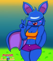  2015 4_fingers anthro anthrofied bangs bangs_(elpatrixf) bat big_ears biped blue_body blue_hair blue_skin blush breasts cleavage clothed clothing fan_character fangs female fingers front_view fur generation_1_pokemon gesture glistening grass grassland hair hair_over_eyes hand_gesture happy heart_symbol long_hair mammal masterofzoroark membrane_(anatomy) membranous_wings nintendo open_mouth plant pokemon pokemon_(species) pokemorph solo standing teeth tongue v_sign wide_hips winged_arms wings zubat 