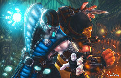  2boys black_gloves blue_eyes blue_theme chains commentary english_commentary fingerless_gloves fire gloves glowing glowing_eyes hanzo_hasashi holding holding_weapon ice kuai_liang kunai lord_wilhelm male_focus mask mortal_kombat_(series) mortal_kombat_x multiple_boys ninja no_pupils orange_eyes pale_skin photoshop_(medium) polearm scorpion_(mortal_kombat) spear sub-zero sword tree weapon 