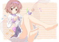  bare_legs barefoot blouse blush_stickers brown_eyes brown_hair commentary_request feet female hairband long_sleeves looking_at_viewer lying panties pantyshot pink_background purple_panties reclining shino_megumi shirt short_hair simple_background skirt smile solo staff_(music) striped striped_background touhou tsukumo_yatsuhashi underwear 