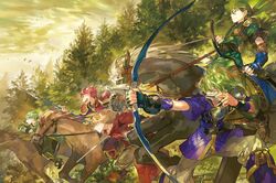  5boys alen_(fire_emblem) archery armor arrow_(projectile) bow_(weapon) cloak commentary_request fire_emblem fire_emblem:_the_binding_blade forest holding holding_sword holding_weapon horse horseback_riding lance_(fire_emblem) multiple_boys nature noki_(affabile) outdoors polearm riding rutger_(fire_emblem) sin_(fire_emblem) smile spear sword weapon wolt_(fire_emblem) 