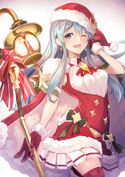  ;d aqua_eyes aqua_hair bow breasts cape commentary_request dress earrings eirika_(fire_emblem) eirika_(winter)_(fire_emblem) female fire_emblem fire_emblem:_the_sacred_stones fire_emblem_heroes fur_trim gloves hat highres holding holding_staff jewelry long_hair medium_breasts nakabayashi_zun one_eye_closed open_mouth pom_pom_(clothes) red_gloves red_hat santa_costume santa_hat sleeveless sleeveless_dress smile solo staff thighhighs zettai_ryouiki 