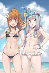  2girls asa_(teng_zi) ass_visible_through_thighs bad_id bad_pixiv_id beach bikini black_bikini blue_sky blush bow bracelet brown_hair cloud cloudy_sky collarbone commentary cowboy_shot day eromanga_sensei flower frilled_bikini frills goggles goggles_on_head grey_hair hair_flower hair_ornament hairbow hand_on_own_chest hand_on_own_hip holding izumi_sagiri jewelry jinno_megumi looking_at_viewer looking_away looking_to_the_side multiple_girls navel ocean open_mouth orange_eyes outdoors pinky_out ponytail purple_bow sky smile swimsuit teeth thighs water_gun white_bikini white_flower 