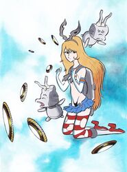  blonde_hair crossover female kantai_collection long_hair matsumoto_leiji_(style) panties parody rensouhou-chan retro_artstyle sailor_collar shimakaze_(kancolle) skirt striped_clothes striped_thighhighs style_parody tanaka_keiichi thighhighs underwear 