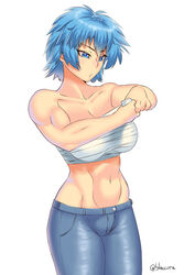  bandages blaccura blue_eyes blue_hair breasts commentary_request denim female groin highres jeans large_breasts looking_down navel original pants sarashi simple_background solo thighs toned white_background 