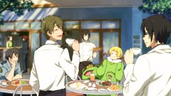  &gt;_&lt; 6+boys akuno_hideo animal_costume apron black_hair blonde_hair brown_hair closed_eyes commentary_request derivative_work dramatic_stars_(idolmaster) eating facial_hair food fork free! frog_costume future_fish glasses goatee idolmaster idolmaster_side-m kaerre kashiwagi_tsubasa male_focus multiple_boys nekota_nanami pierre_bichelberger police police_uniform sakuraba_kaoru shinonome_soichiro stuffed_animal stuffed_frog stuffed_toy tendo_teru third-party_edit uniform watanabe_minori 