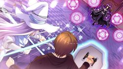  16:9 1boy 2girls arima_yousuke black_hair bow_(weapon) brown_hair game_cg hat kadone_makie ko~cha long_hair multiple_girls purple_hair shield short_hair weapon witch&#039;s_garden witch_hat yukimura_suzuno 