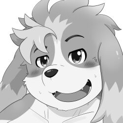  anthro blush canid canine canis domestic_dog floppy_ears greyscale hi_res hisaki_(live_a_hero) lidded_eyes lifewonders live_a_hero looking_at_viewer male mammal monochrome smile solo tukiguma761 