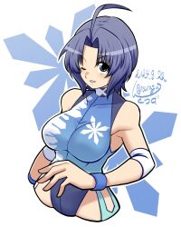  antenna_hair blue_eyes blue_hair blue_leotard blush breasts dated elbow_pads female highres leotard lucky_uchida medium_breasts one_eye_closed sakasa_gurasan short_hair signature snowflake_print solo upper_body white_background wrestle_angels wrestling_outfit wristband 