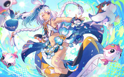  ;) bare_shoulders blue_hairband braid crop_top dark_skin female fingerless_gloves genshin_impact gloves hairband long_hair looking_at_viewer maron_star midriff mualani_(genshin_impact) navel one_eye_closed red_eyes smile solo stomach surfing very_long_hair white_hair 