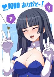  ? black_hair blunt_bangs blush breasts cleavage closed_eyes coin coin_on_string double_v dress elbow_gloves female gloves hida_naria hime_cut hypnosis kaguya_jingu large_breasts long_hair meme mind_control open_mouth sharp_teeth solo teeth twitter_strip_game_(meme) under_night_in-birth under_night_in-birth_2_sys:celes v very_long_hair white_gloves 