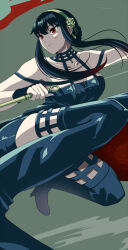  black_dress black_footwear black_hair blood blood_on_face boots breasts dagger dress female gold_hairband hairband high_heel_boots high_heels highres holding holding_dagger holding_knife holding_weapon iwanishi knife large_breasts red_eyes solo spy_x_family stiletto_(weapon) thigh_boots two-sided_fabric weapon yor_briar 